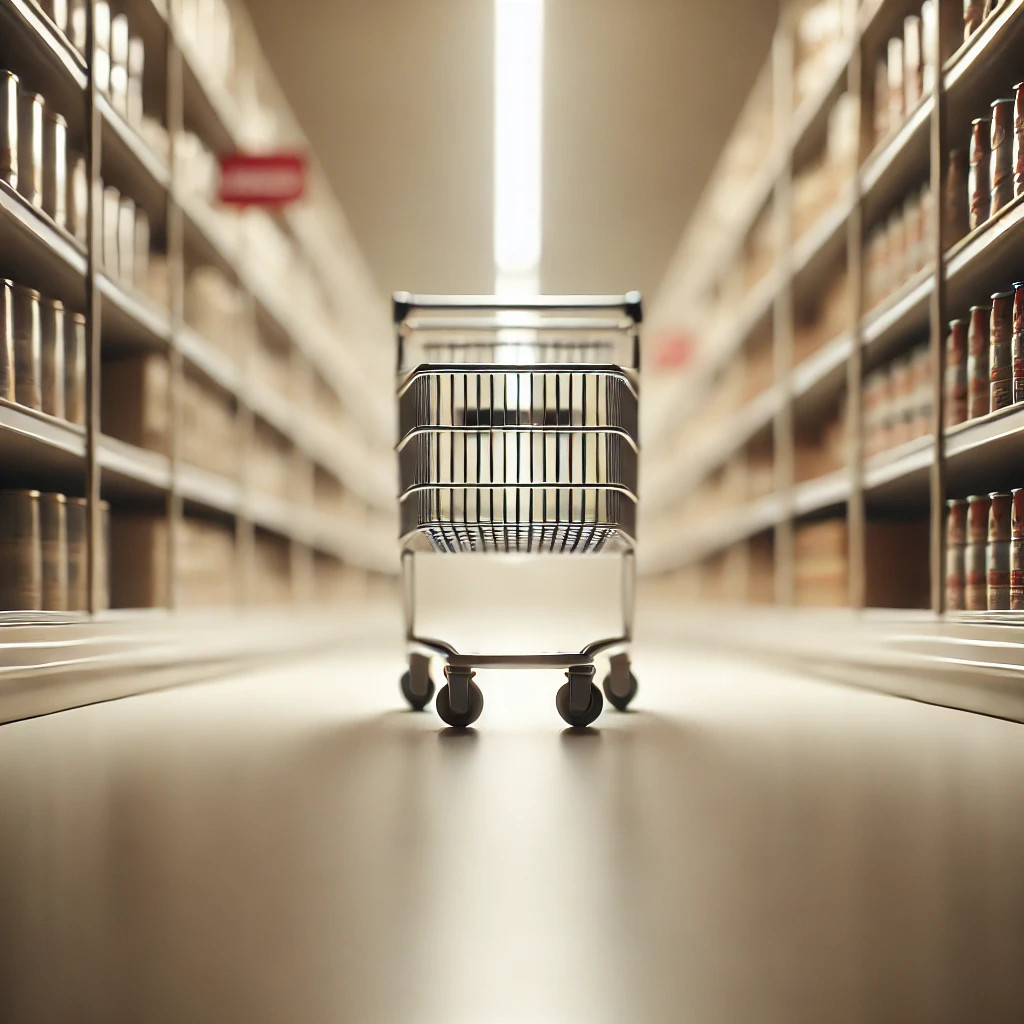 An empty shopping cart positioned in the aisle of a supermarket, symbolizing the hidden competition in everyday life. The scene captures the quiet, unnoticed struggle for resources, choices, and priorities that shape even the simplest activities.