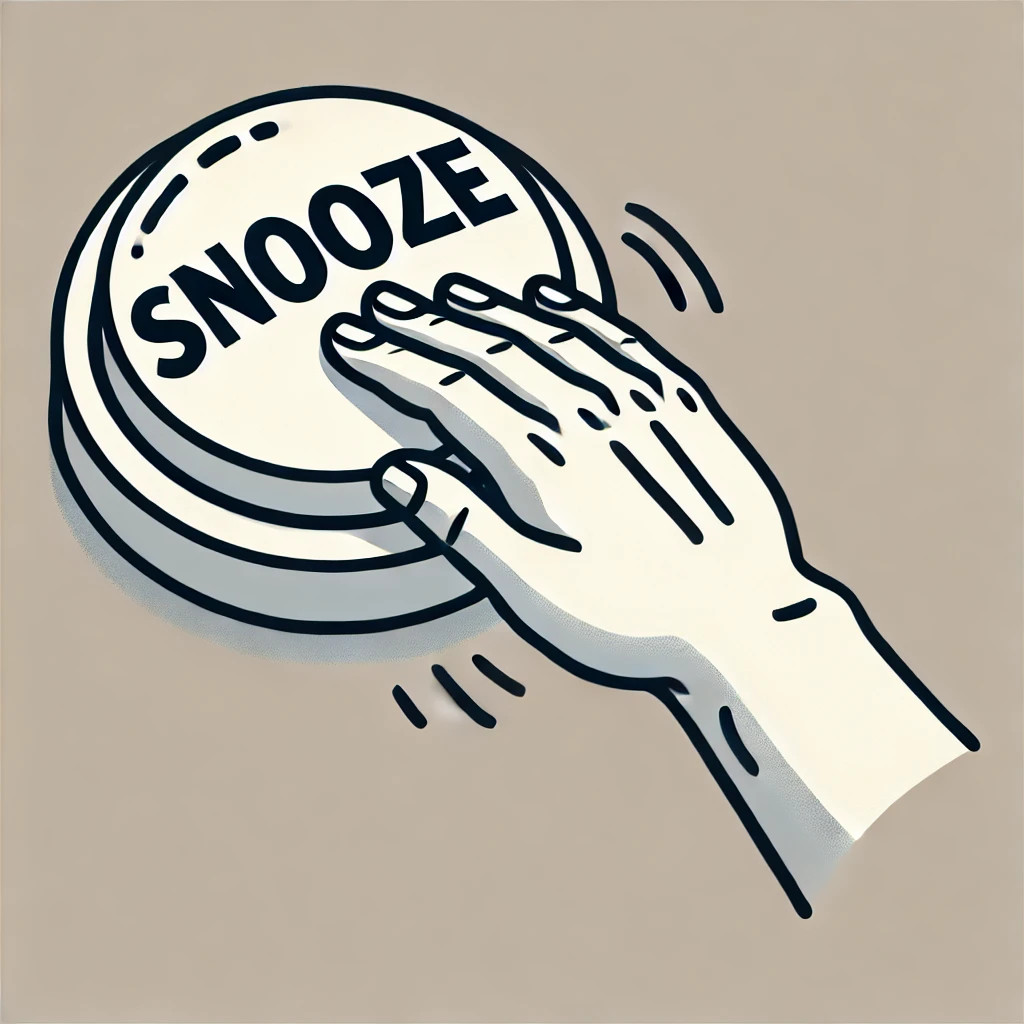 A minimalist, clipart-style digital illustration of a large button labeled "SNOOZE" being pressed by a full hand with a visible forearm. The design is clean and simple, symbolizing procrastination and the habit of delaying responsibilities.