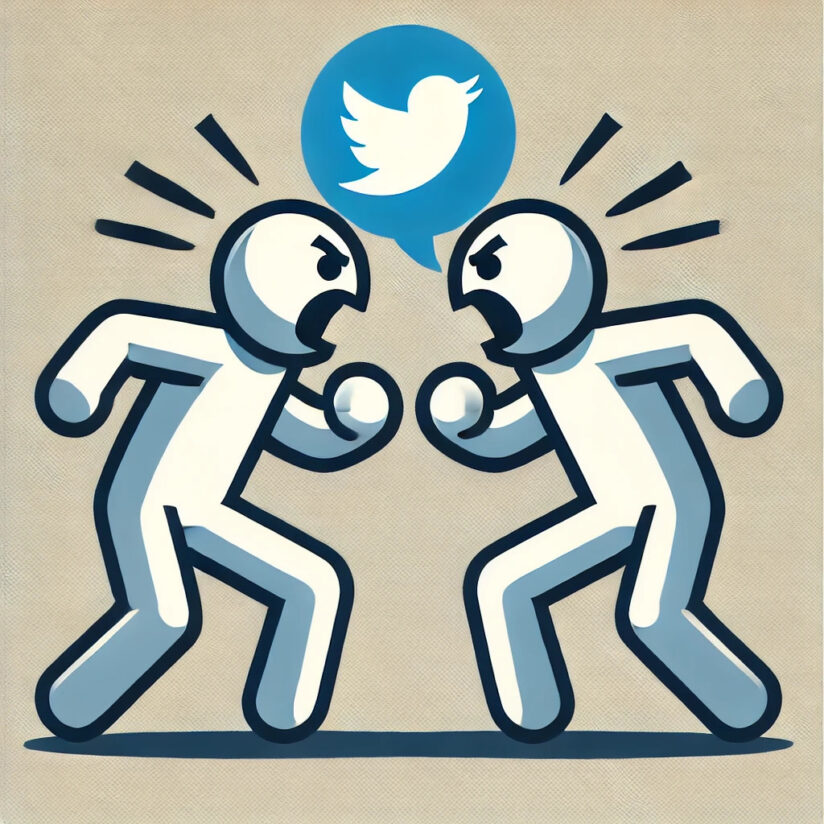 A simple, clip-art style illustration of two humanoid figures with minimalistic, bold outlines, aggressively yelling at each other. Between them, a floating Twitter icon symbolizes social media-fueled conflict